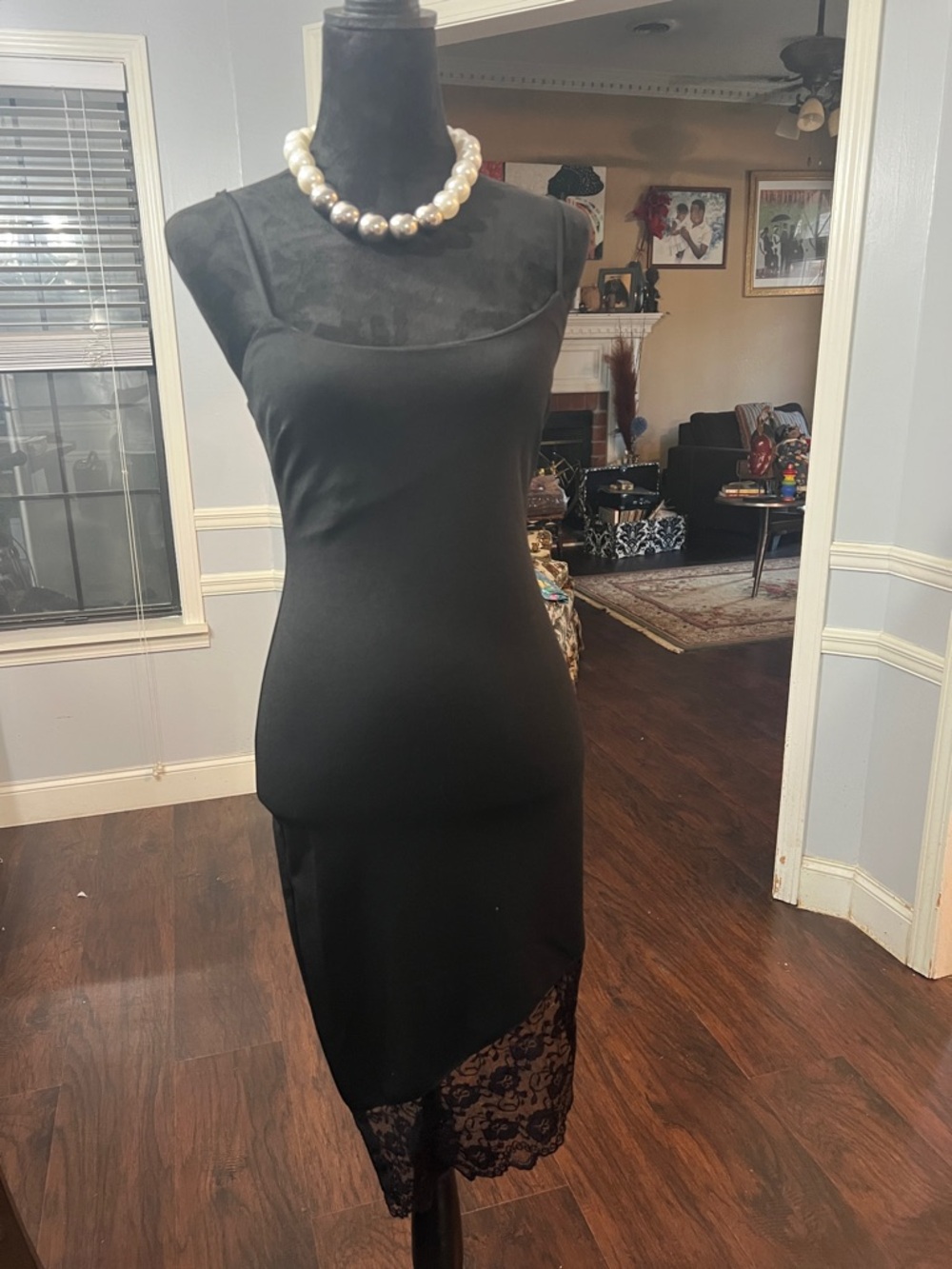 Sleeveless Black Midi Dress with Lace Panel